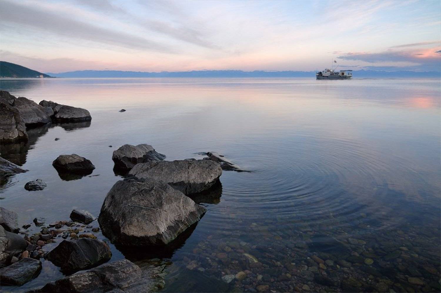 байкал, камни, круги на воде, катер, закат, 2009, Kaiser Sozo