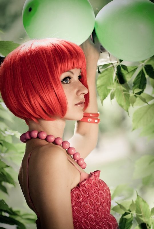 портрет, девушка, красный, зеленый  фото превью