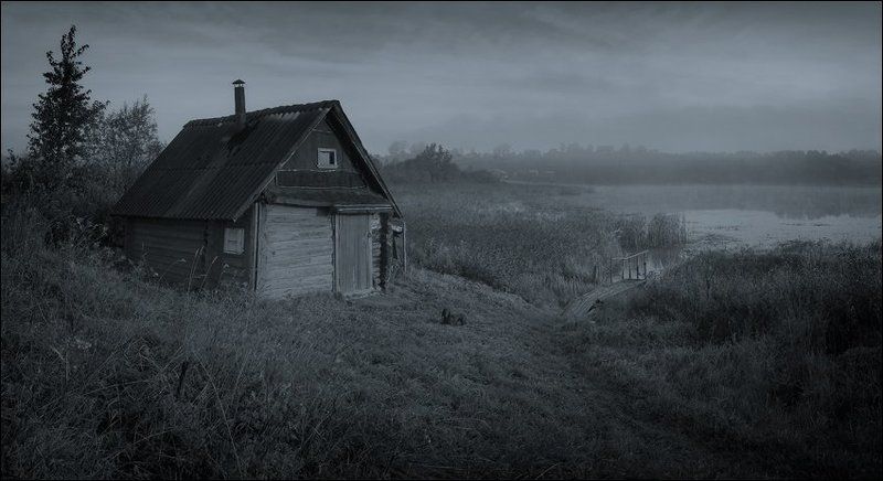 Синеватая осенняя утренняя панорама с собакой у бани на берегу Валдайки в Острых Клетках фото превью