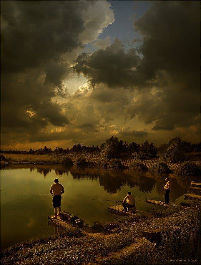 рыбаки, зорька, пруд, облака, пирсы, Виктор Перякин