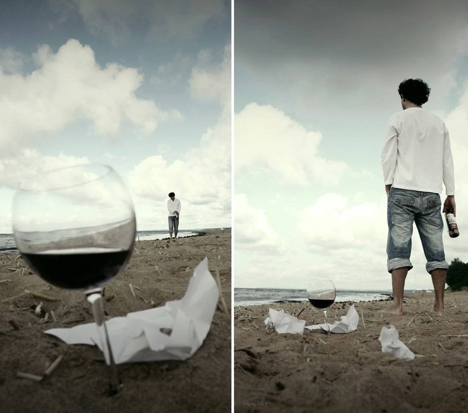 мужчина, берег, на, острове, робинзон, крузо, море, песок, бокал, вино, не, отправленные, сообщения, Darn Cat