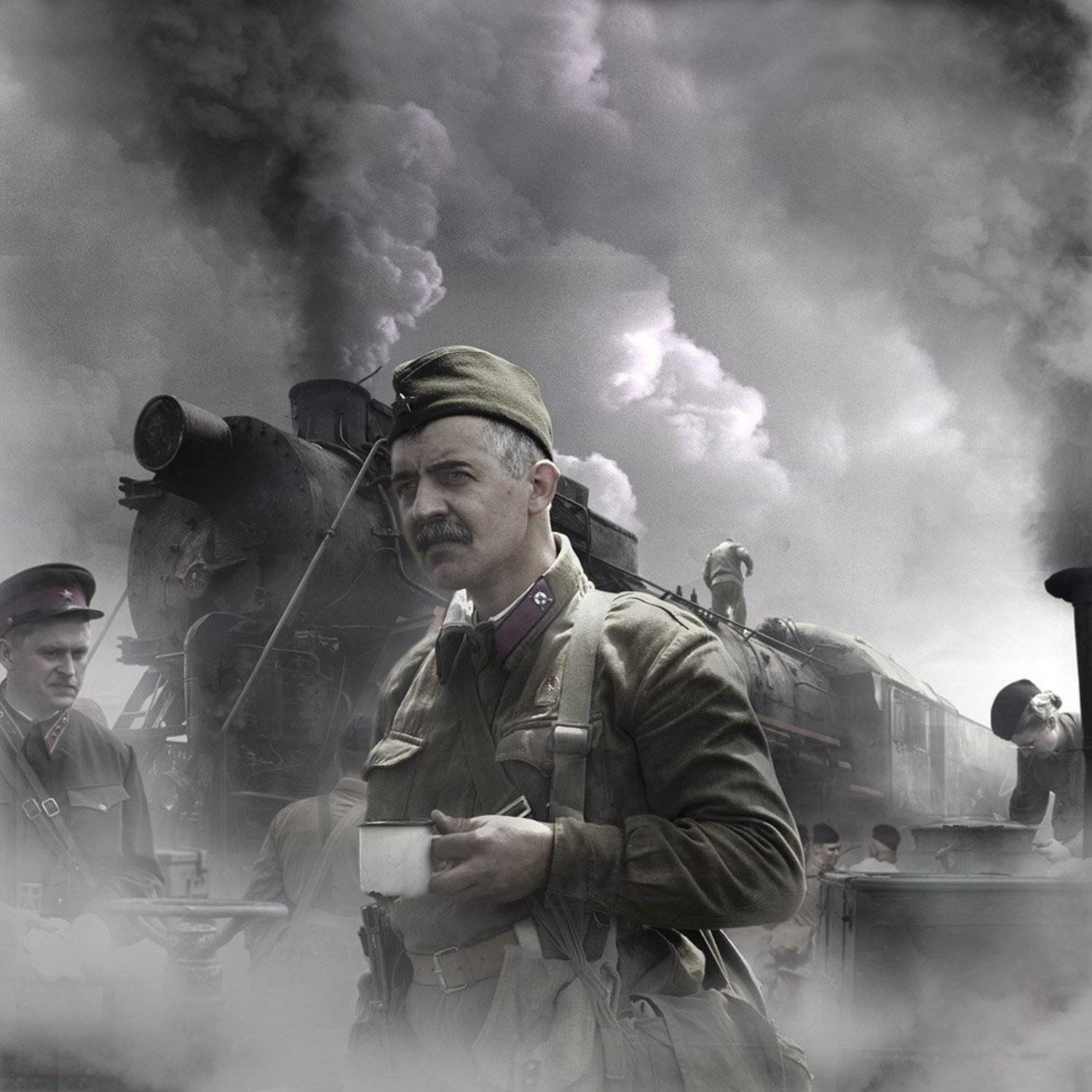 война, паровоз, солдат, дым, Boji