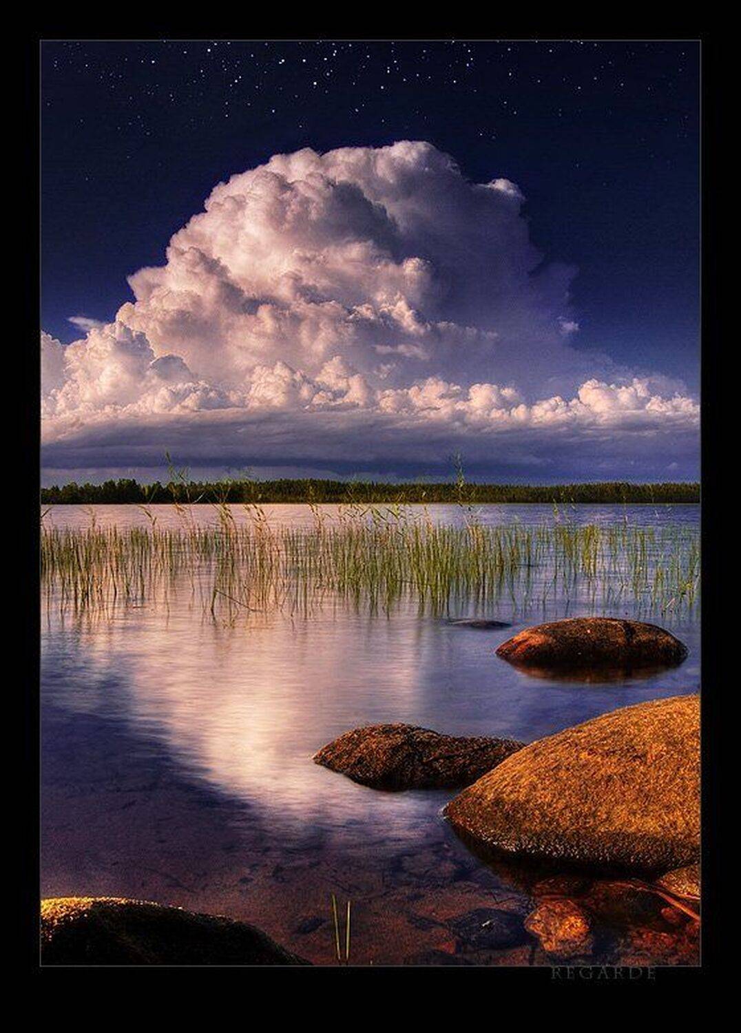 закат, облака, озеро, Regarde