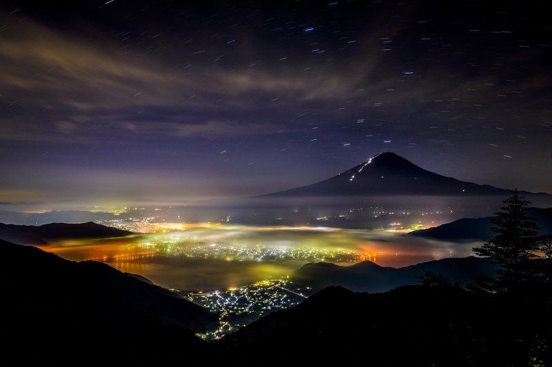 fuji,mountain,japan,cloud,lake,night,light,glow, Night glow фото превью