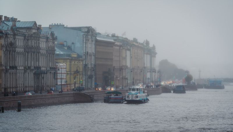 saintpetersburg, city, autumn, bridge, snow, embankment, fog, river,  morning, water, lights, Хмуро. фото превью