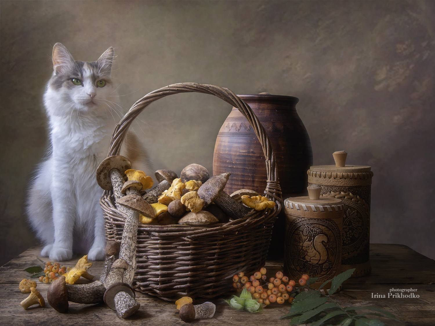 натюрморт, грибы. лето, деревенский стиль, кошка, Приходько Ирина