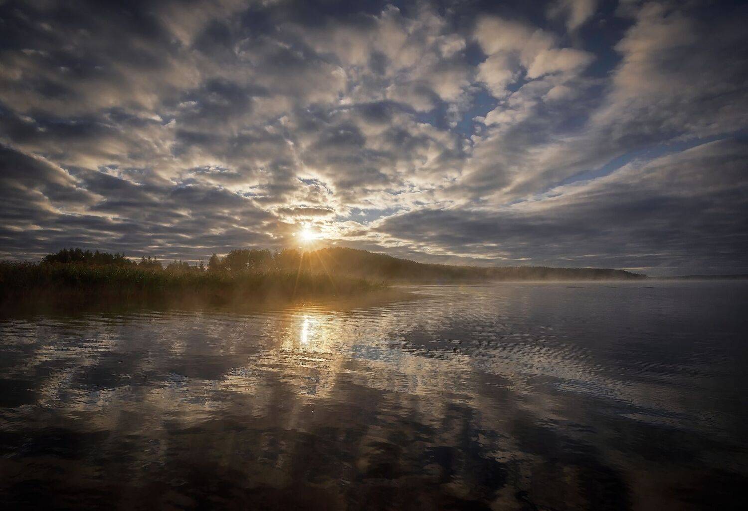 рассвет, озеро, солнце, туман, облака, Сергей Аникин