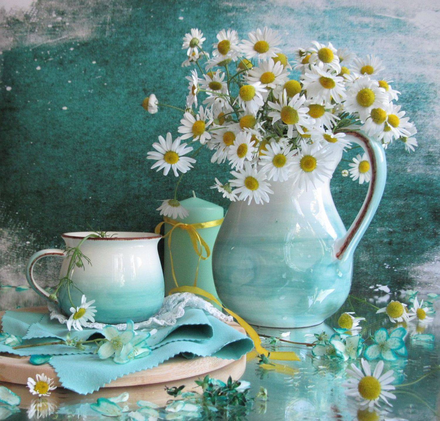 ромашки, жасмин, бирюзовый цвет, Наталия Тихомирова