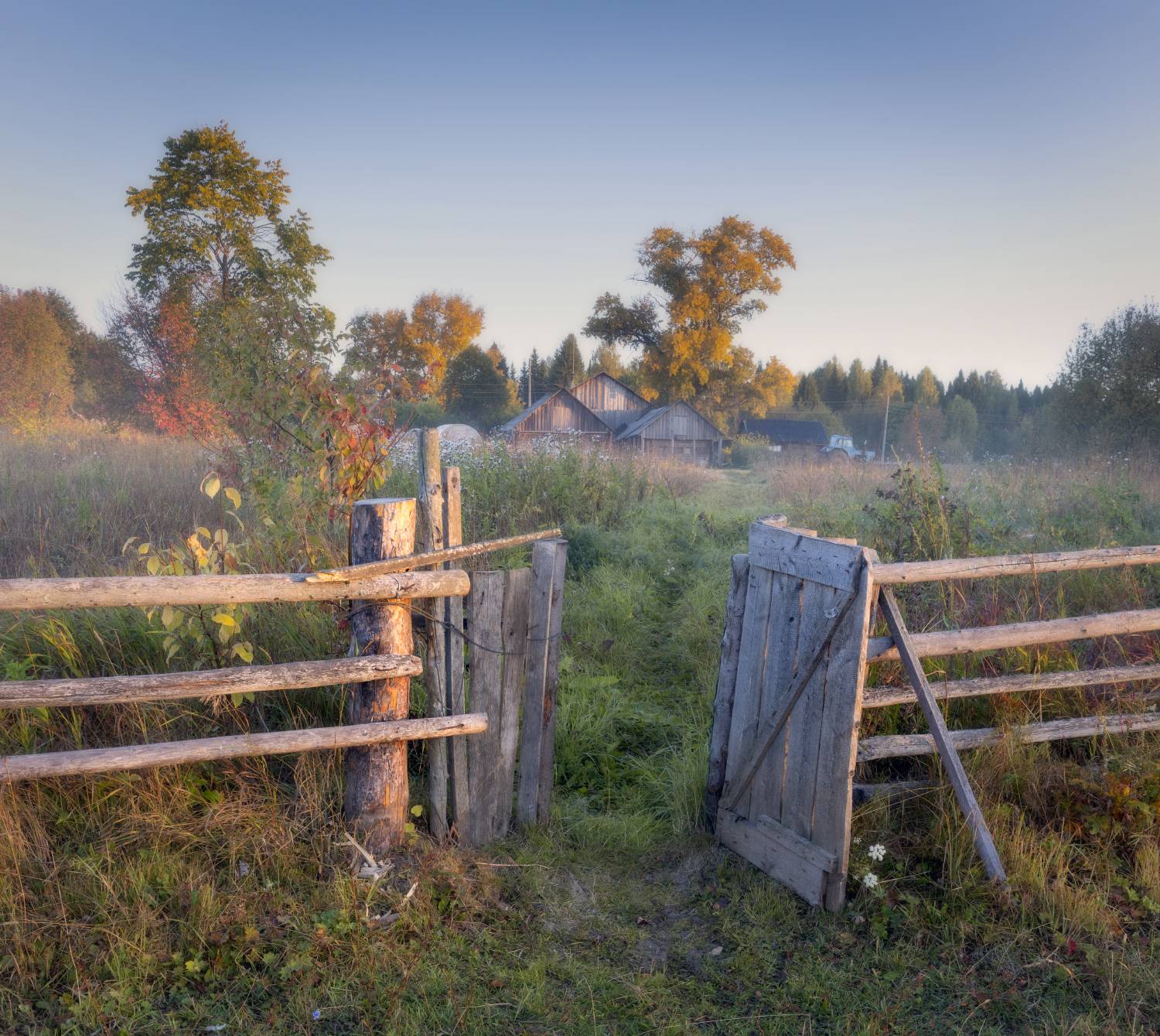 осень рассвет калитка деревня тропинка, Сергей Буторин