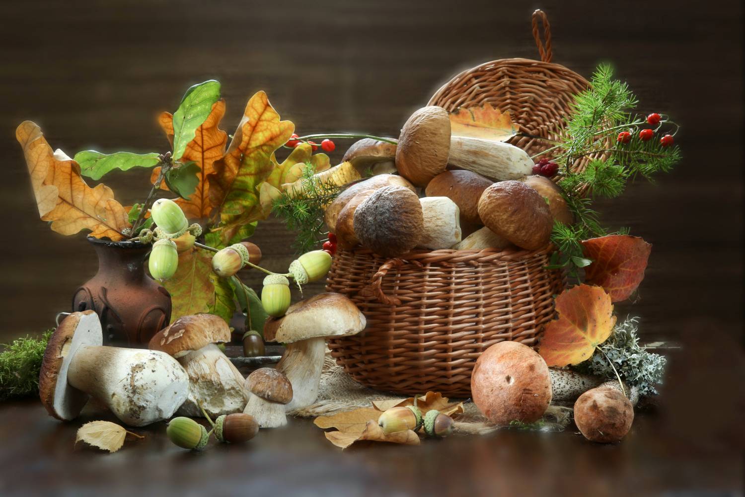 натюрморт, грибы, корзина, листья, желуди, Шруб (Беляева) Татьяна
