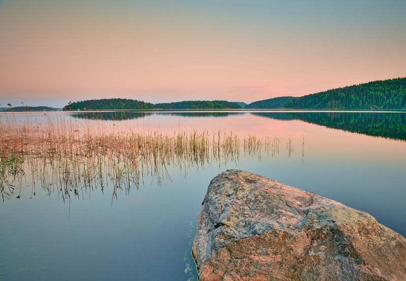 карелия, ладога, закат, штиль, озеро, гладь воды, залив, на берегу, Ноль по Бофорту фото превью