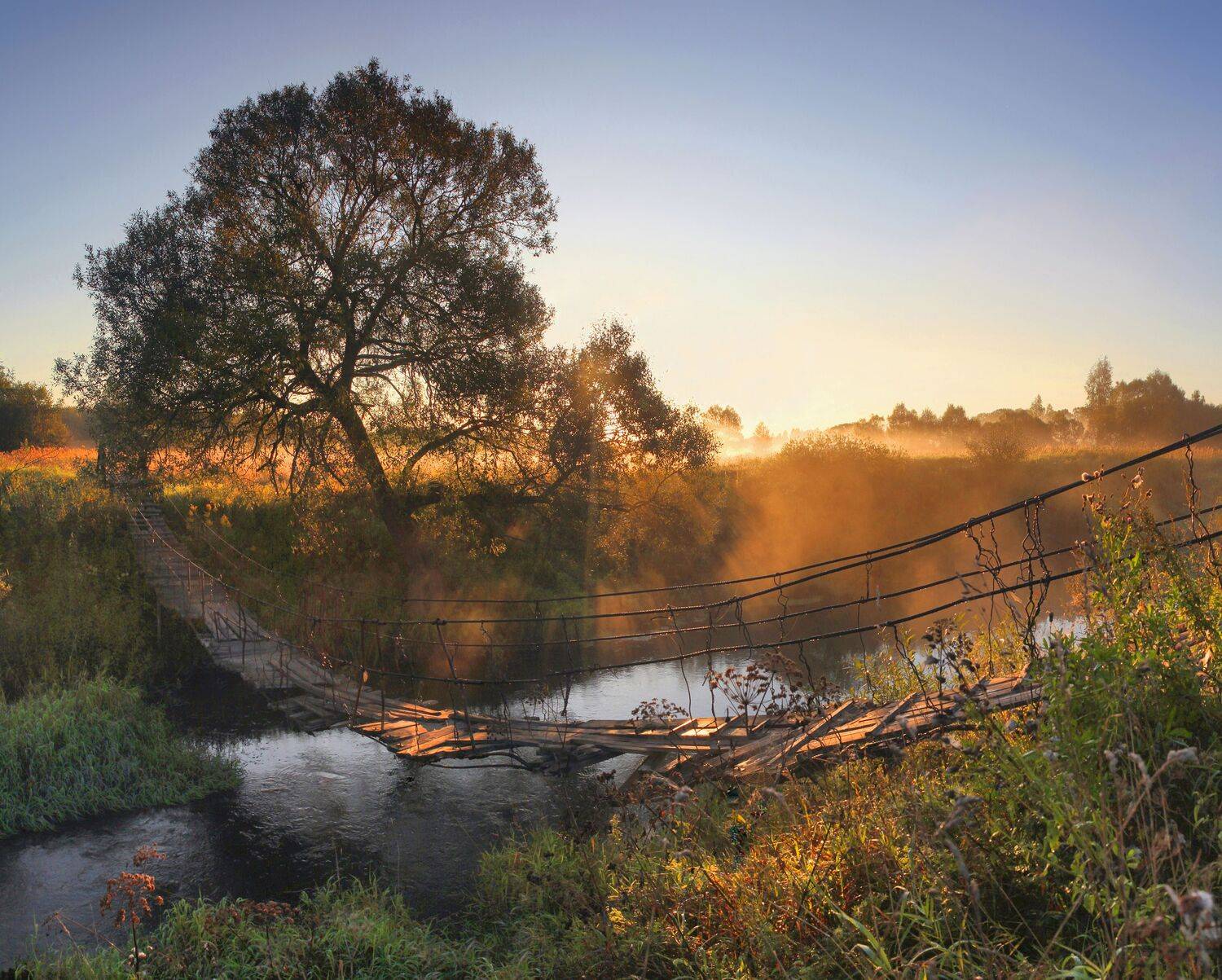 река, мостик, туман, рассвет, Александр Свистков