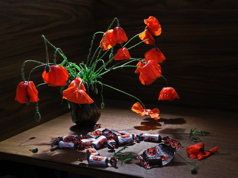 цветы, букет, красный мак, конфеты, шоколад, мак, Красный мак. фото превью