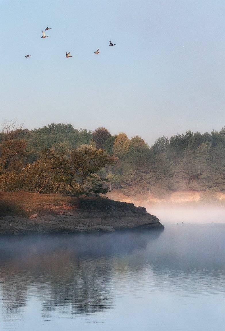 осень, река, сентябрь, туман, flyman