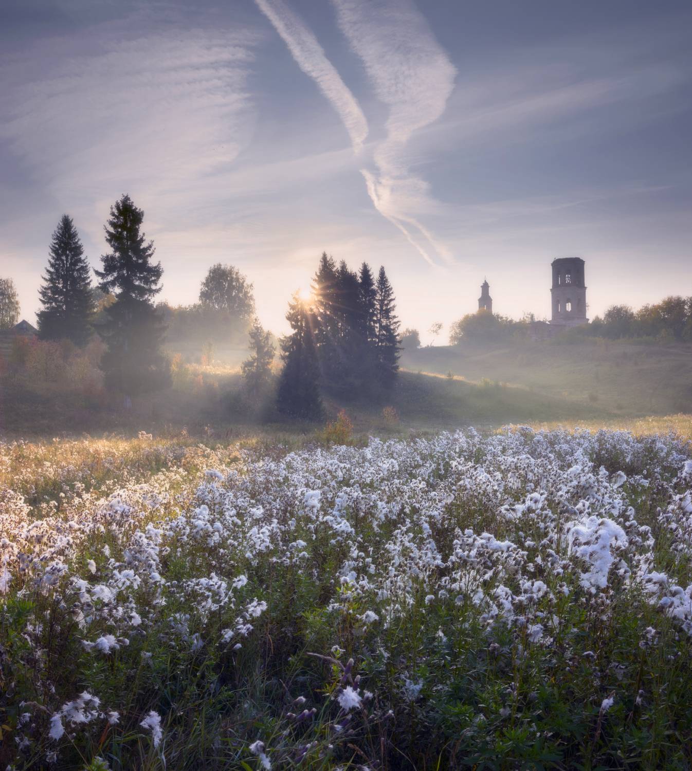 утро осень сентябрь рассвет село туман солнце, Сергей Буторин
