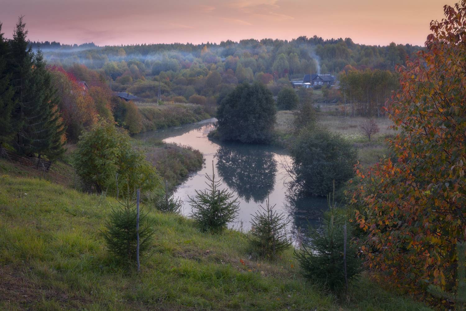 вечер закат река дым деревенька осень, Сергей Буторин