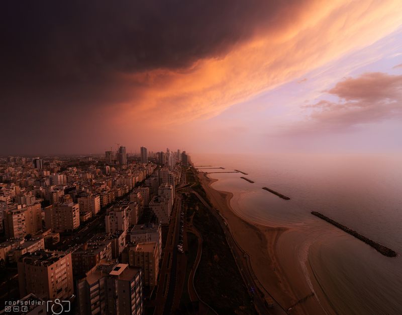 tel aviv, israel, city, urban, architecture, cityscape, roof, netania, rain, thunderstorm, sea, sunset Thunderstorm in netanya фото превью