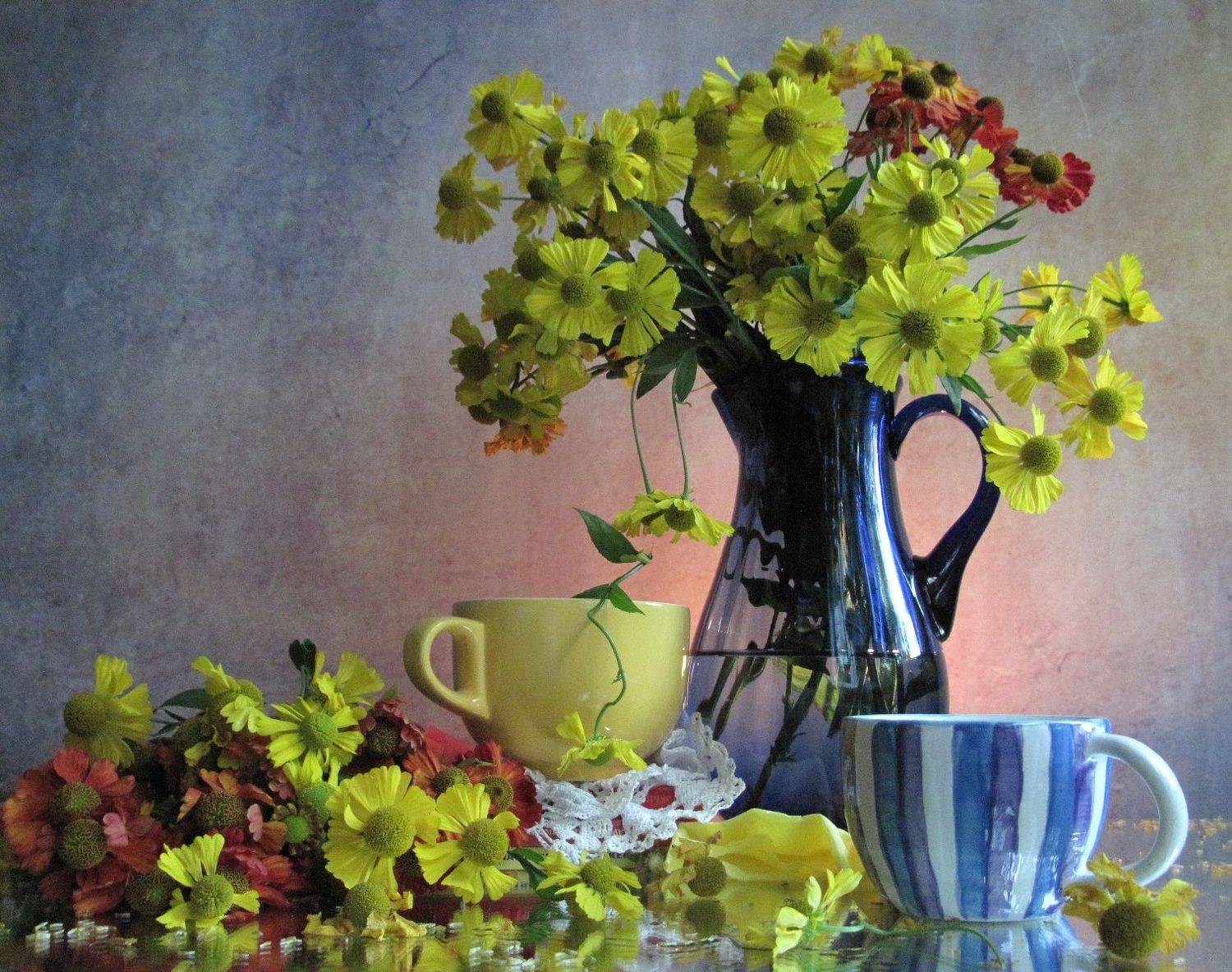 гелениум, кувшин, стекло, кружки, керамика, Наталия Тихомирова