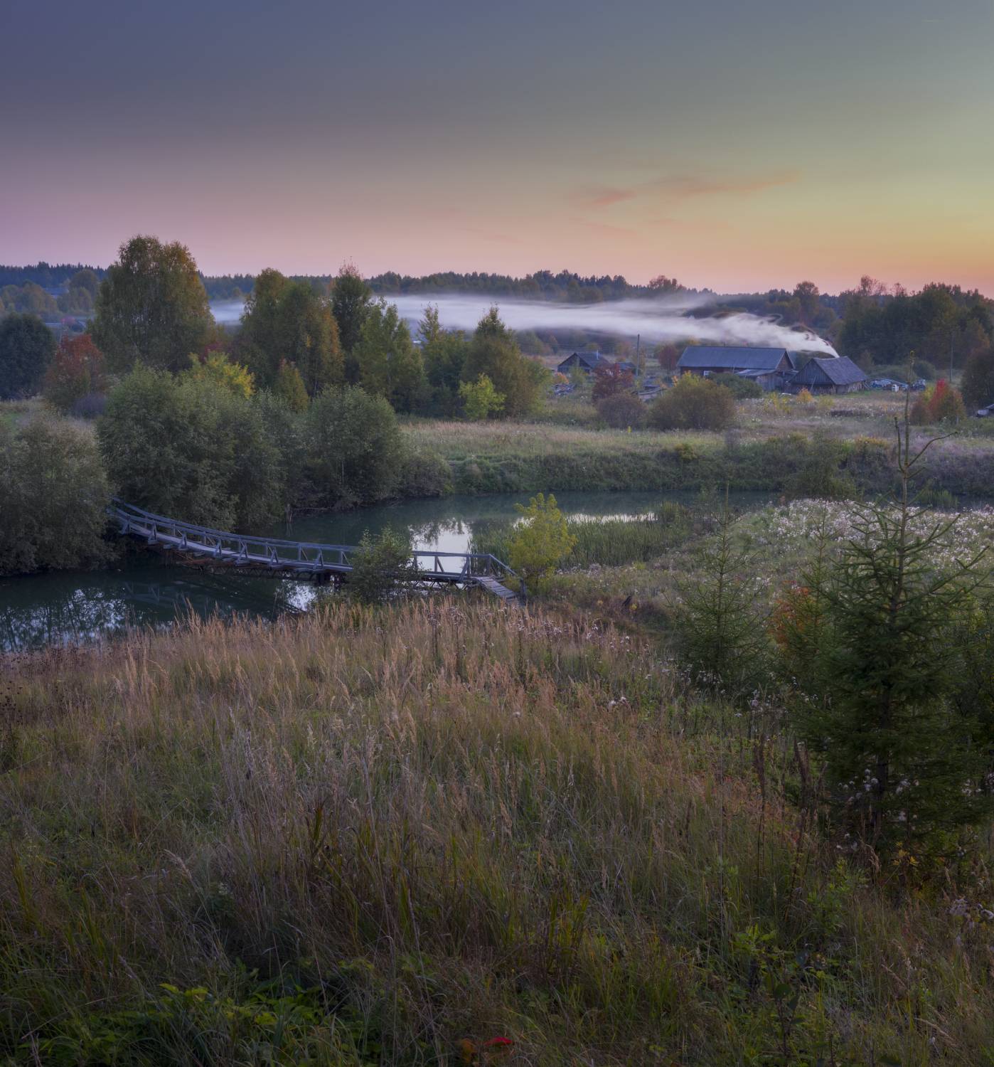 вечер закат река дым деревенька осень, Сергей Буторин