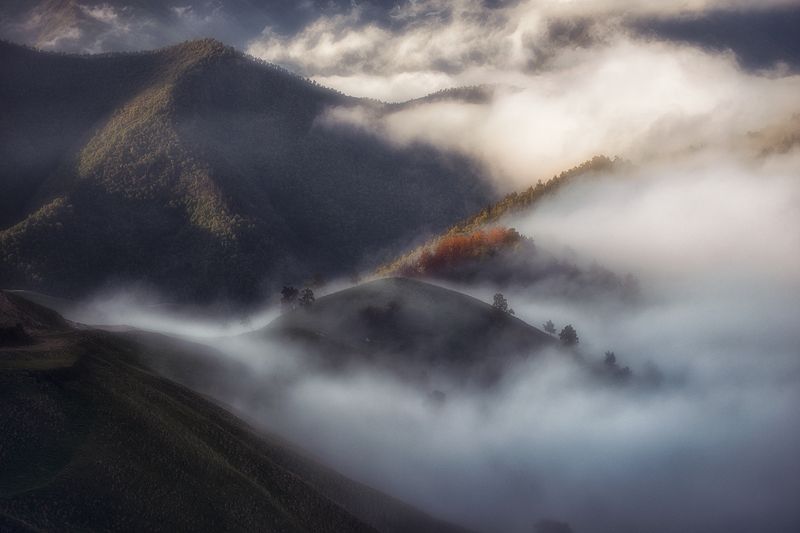 россия кавказ ингушетия заповедник эрзи эрзи фото путешествия фототур пейзаж горы туман свет утро рассвет Надвигался туман. фото превью