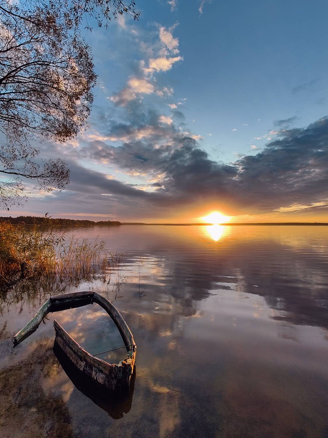 закат, лодка, отражение, облака, солнце, тучи, озеро, Баландин Дмитрий