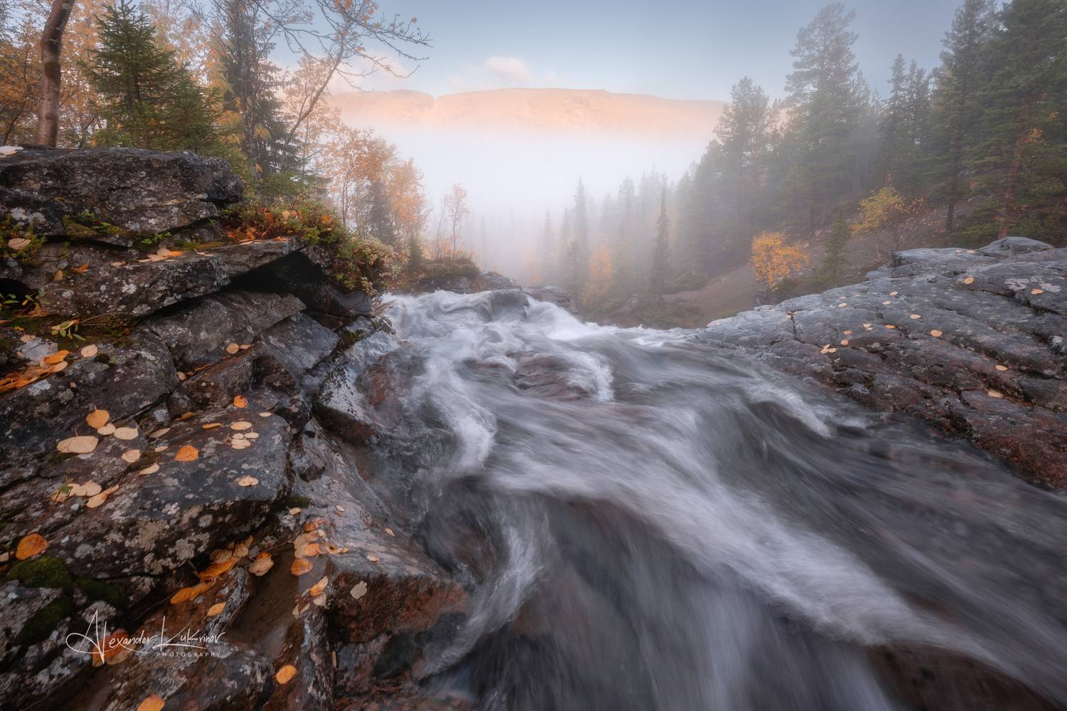 осень, туман, хибины, водопад, река, утро, рассвет, Александр Кукринов
