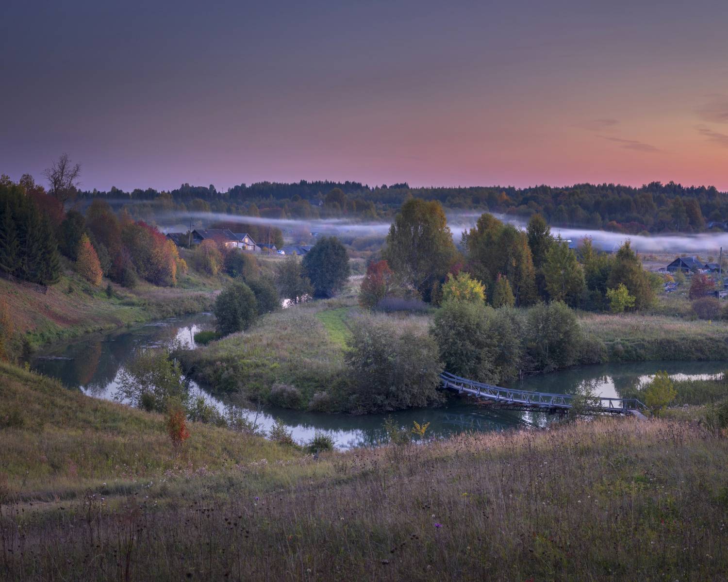 вечер закат река дым деревенька осень, Сергей Буторин