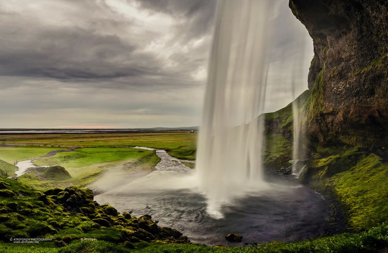 Seljalandsfoss, Iceland, waterfall, landscape, summer, midnight sun, sky, clouds, water, green, nature, behind, storm, Seljalandsfoss фото превью