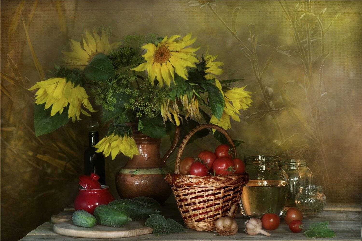 Овощи, Огурцы, Подсолнухи, Томаты, Чеснок, Вера Павлухина