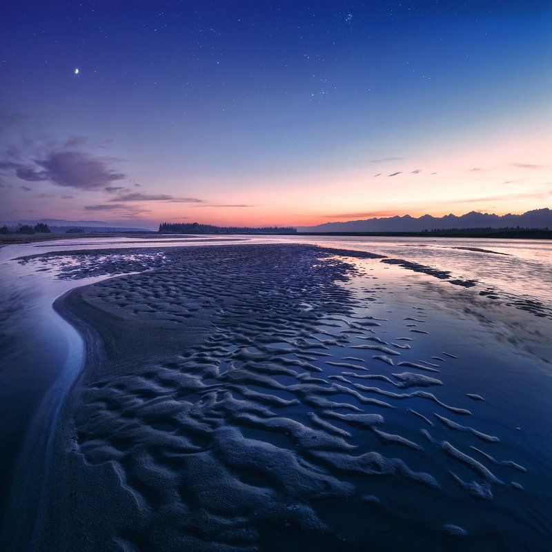 синий, пейзаж, закат, иркут, песок, звезды, облака, река Тункинский закат фото превью