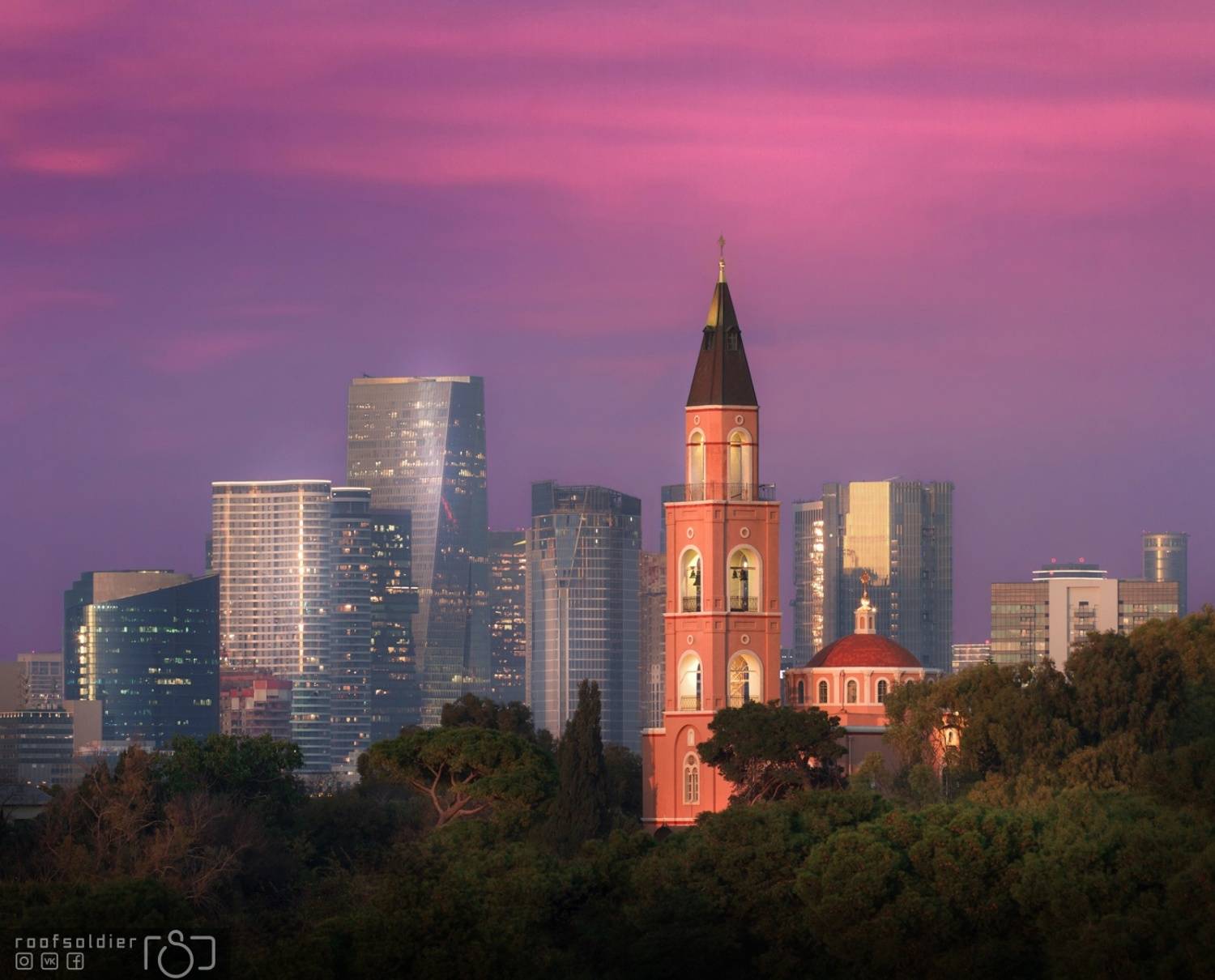 Tel Aviv, Israel, city, urban, church, cityscape, sunset, postcard, Голубев Алексей