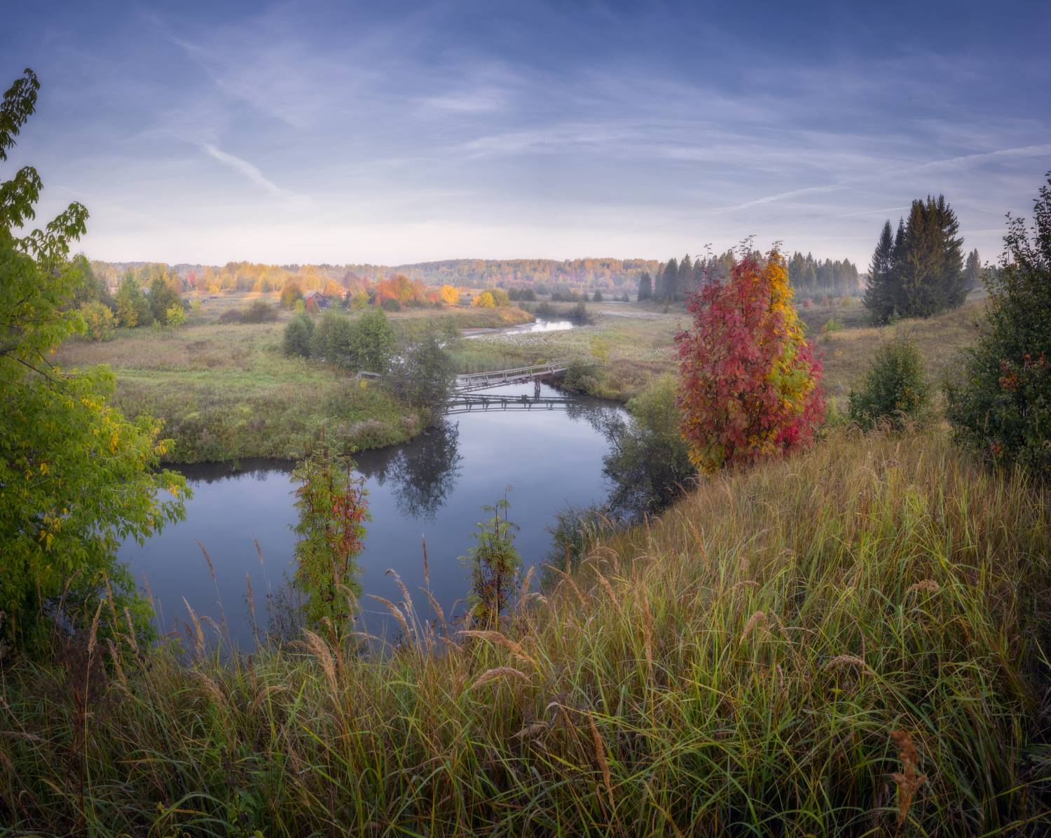 утро рассвет туманчик деревня река осень, Сергей Буторин