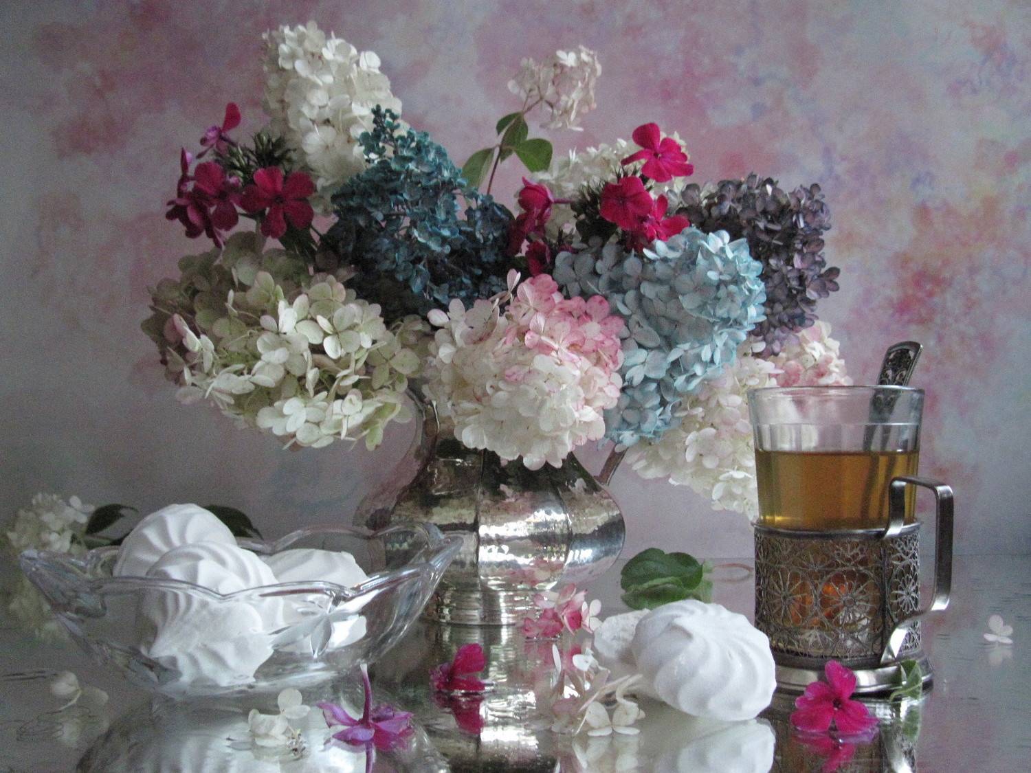 гортензия, флоксы, зефир, чай, посуда, стекло, серебро, мельхиор, винтаж, Наталия Тихомирова