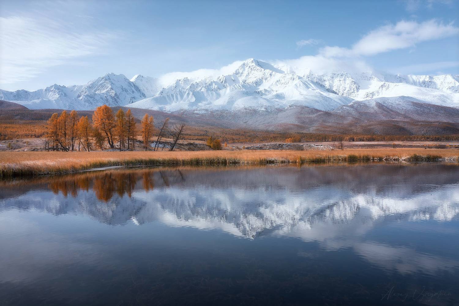 altay, autumn, lake, green, yellow, landscape, aerial, drone, water, mirror, Алексей Вымятнин