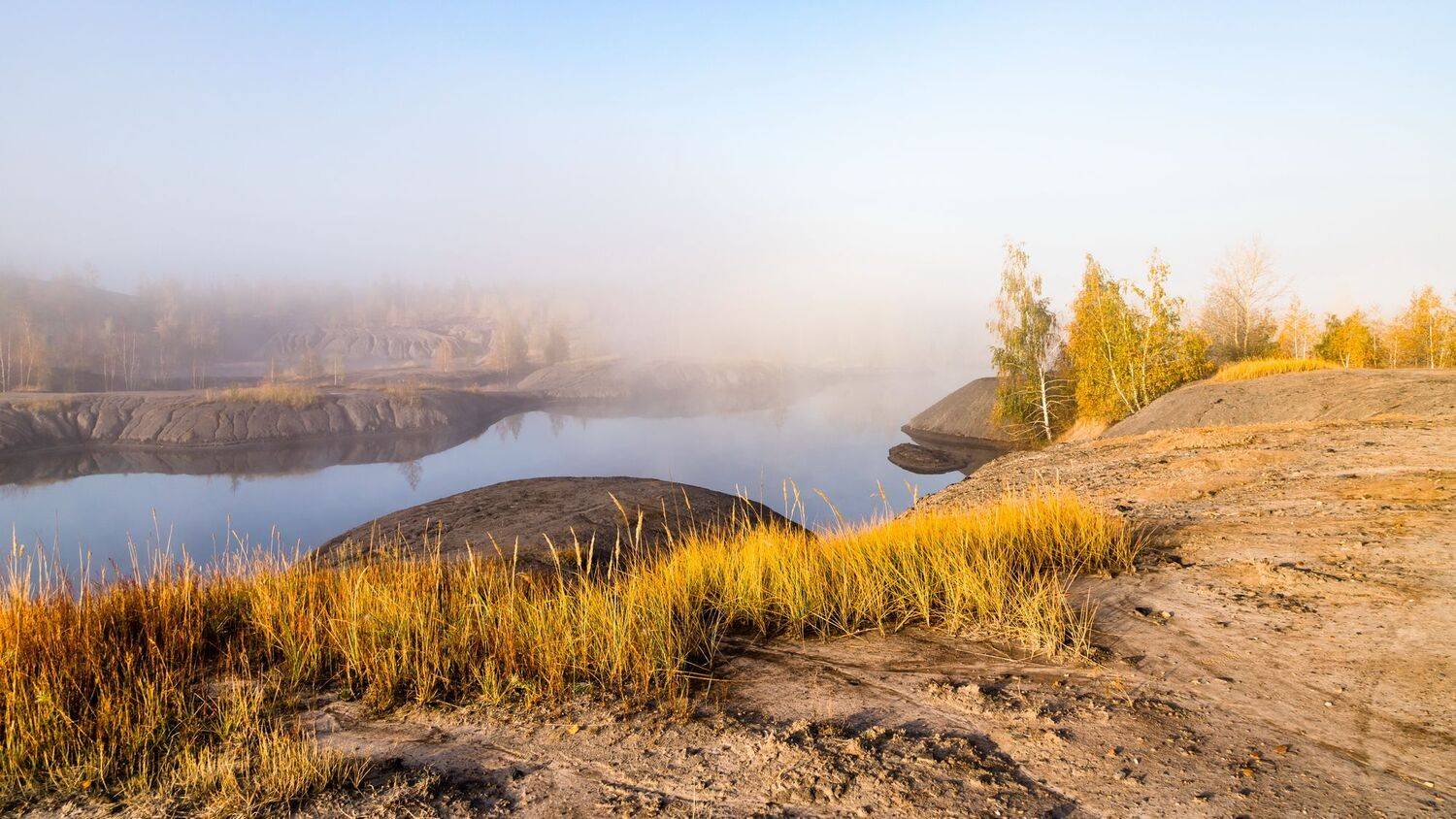 утро, туман, водоемы, крутые берега, осень, пейзаж, Юрий Морозов
