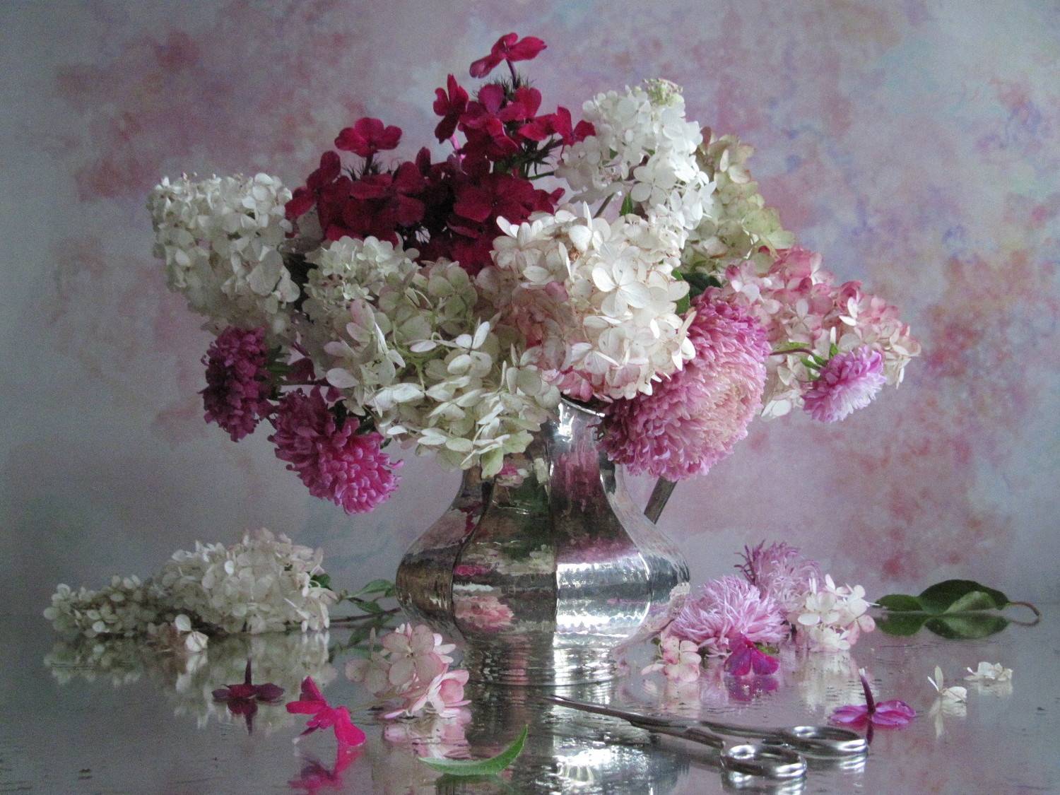 гортензия, астры, флоксы, кувшин, ножницы, Наталия Тихомирова