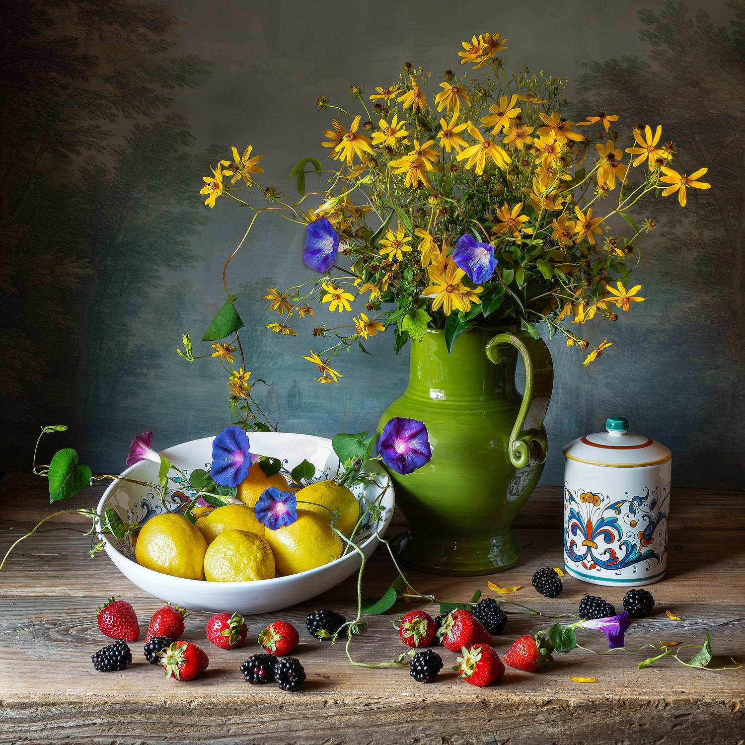 lemons, pitcher, moning glory, daruta, italian tradition, strawberries, blackberries, country, rustic, Слуцкая Яна