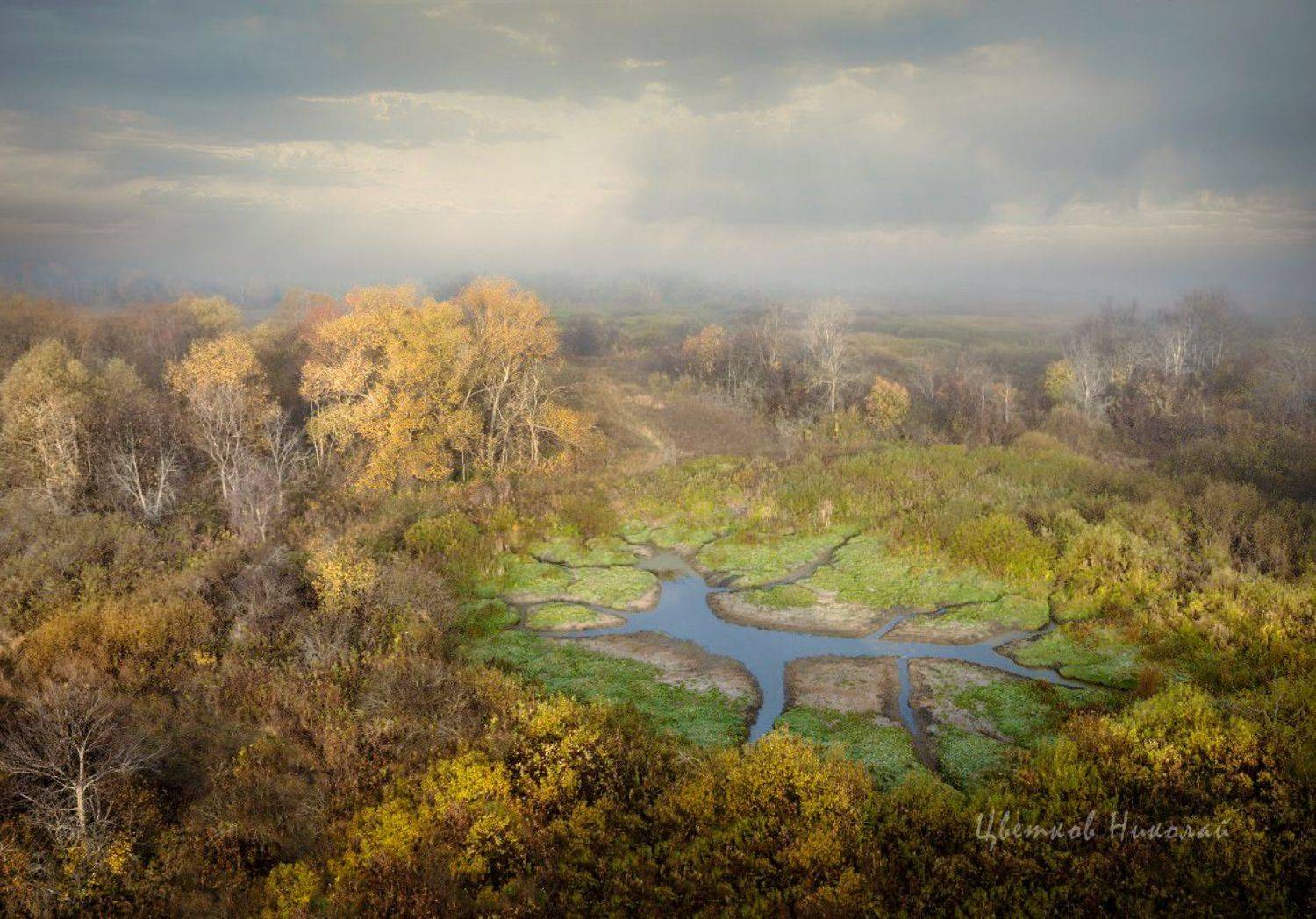 туман, рассвет, осень, Николай Цветков