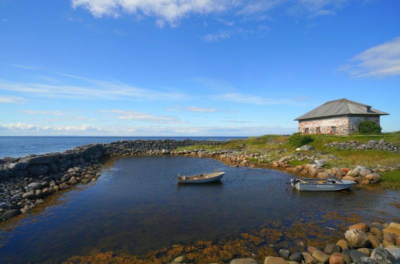 shore, boat, sea, island, sky, summer, landscape, horizon Summer morning фото превью