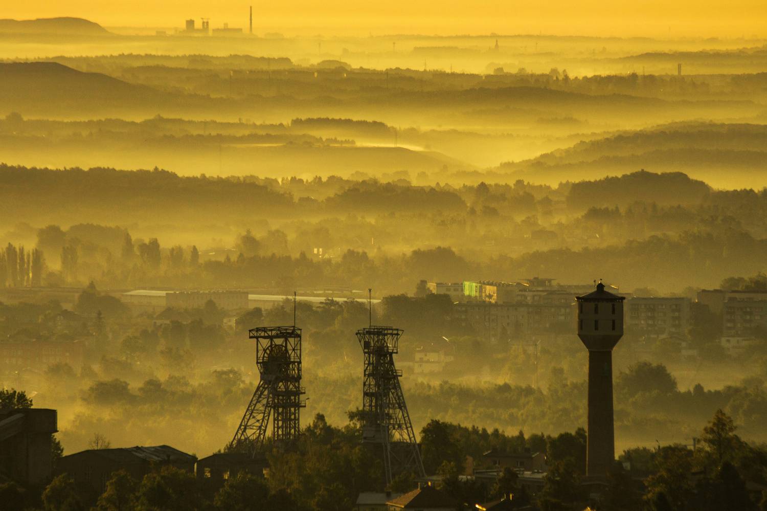 sunrise, dawn, sun, morning, clouds, light, fog, landshaft, landscapes, Coalmine, shaft, Silesia, Poland, Rybnik, goldenhour, down, industrial, industrie, Damian Cyfka