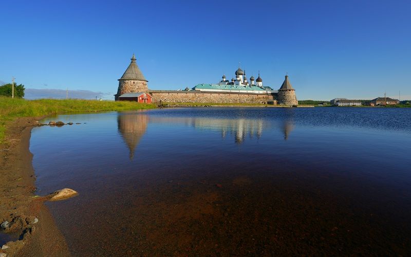 shore, monastery, fortress, reflection, sea, island, sky, summer, landscape, horizon, temple, bastion, symbol Morning фото превью