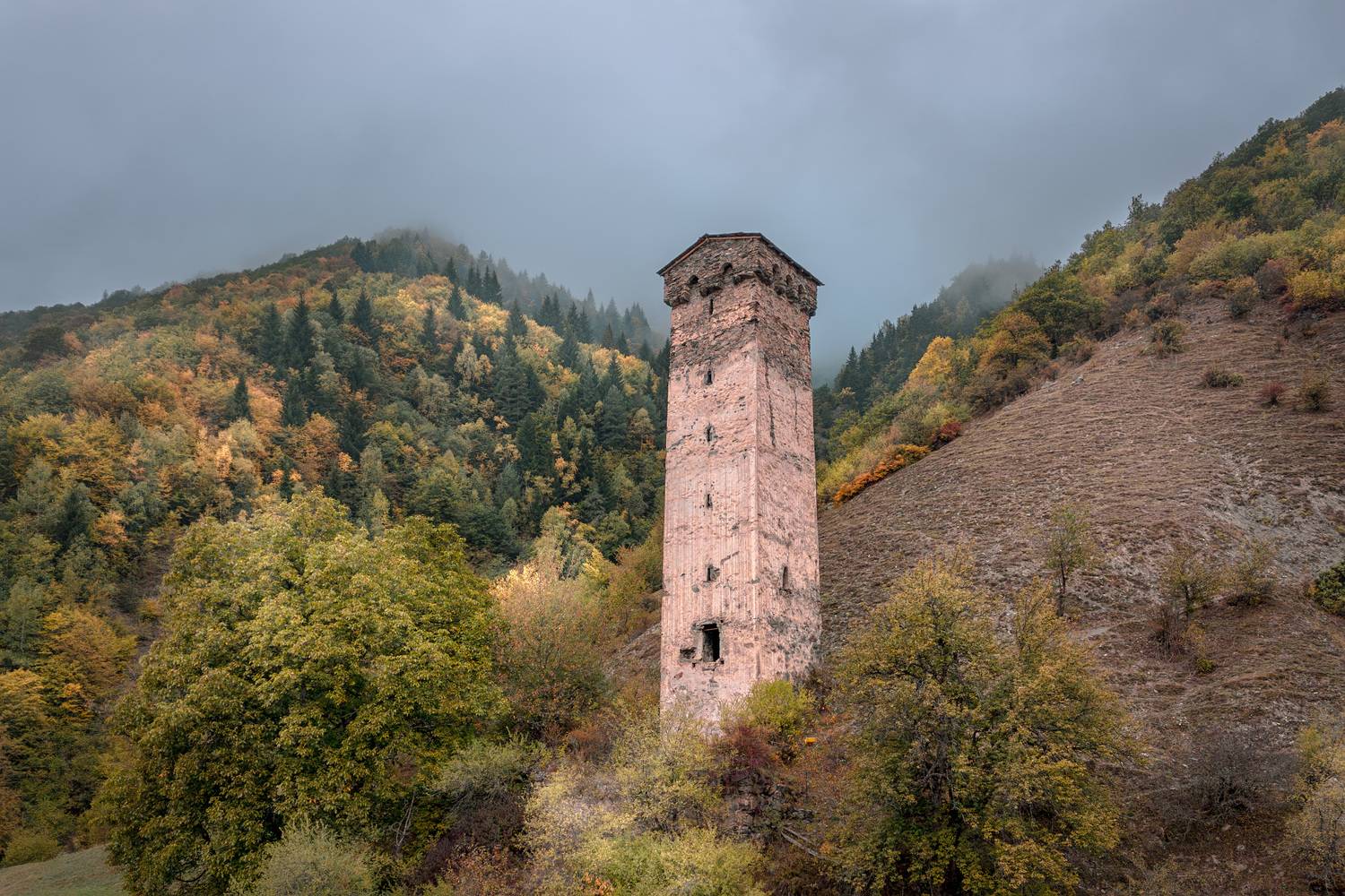 svaneti, mestia, tower, autumn, morning, mountain, clouds, sky, fall, high, landscape, scenery, travel, outdoors, georgia, sakartvelo, chizh, Чиж Андрей