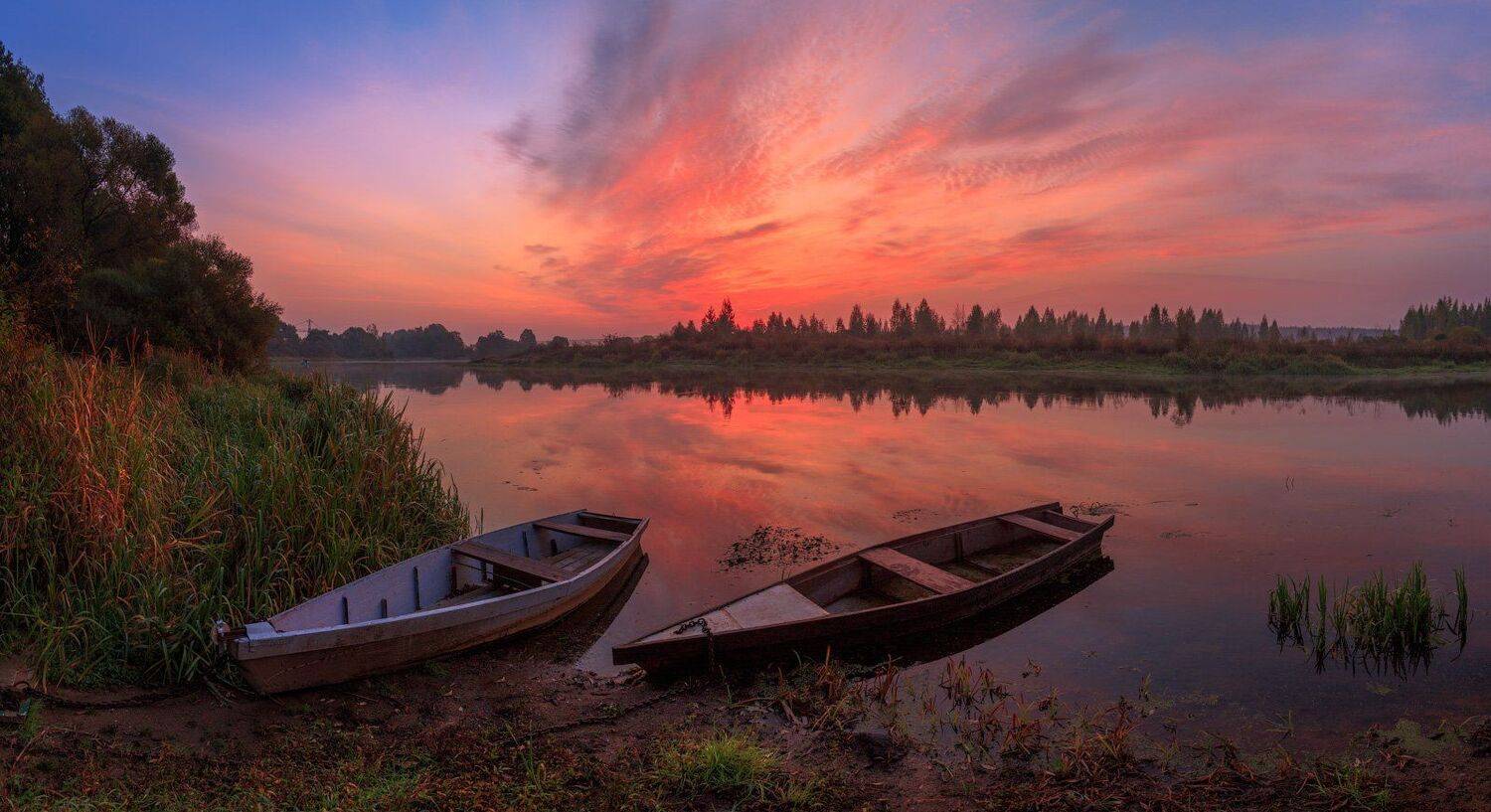 Река Березина, рассвет, лодка, Михаил Кушнер