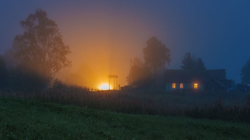 Вологодчина, Девятины, Деревеня, Дорога, Туман Дом у дороги фото превью