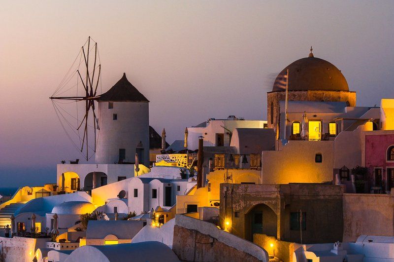 греция, санторини, закат, режим, мельница, свет, подсветка Санторини фото превью