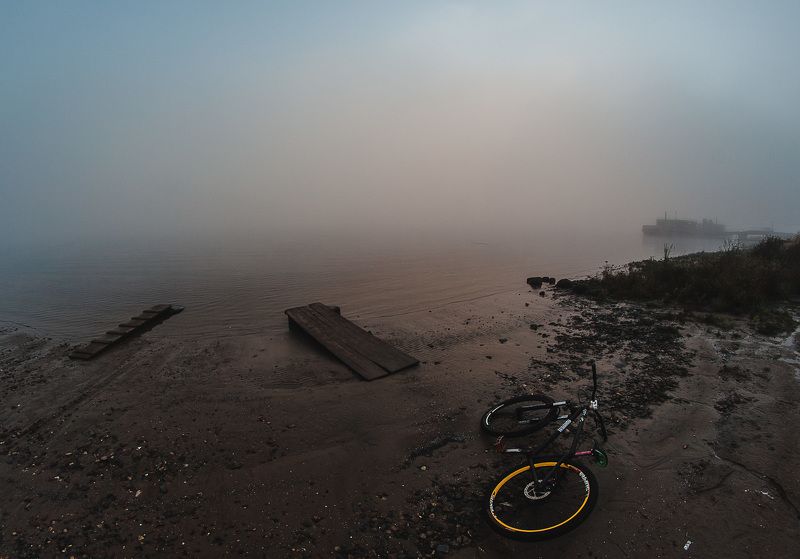 Велосипед, Пейзаж, Река, Туман, Утро Утромphoto preview