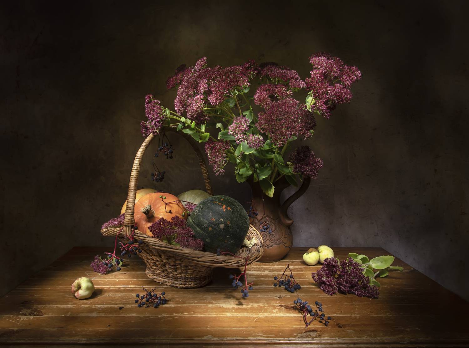 натюрморт, очиток, тыквы, Татьяна Феденкова