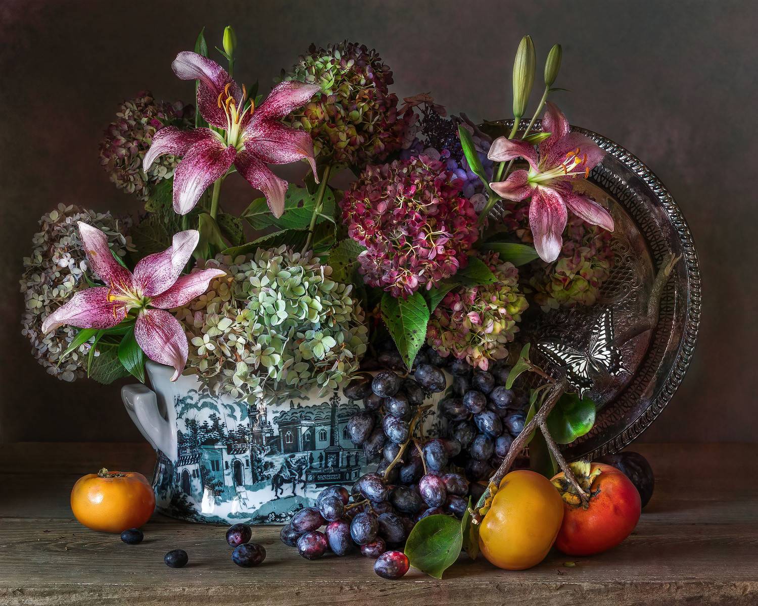 hydrangeas, persimmons, grapes, lilies, still life photography, гортензя, лилии, виноград, хурма, натюрморт, Слуцкая Яна