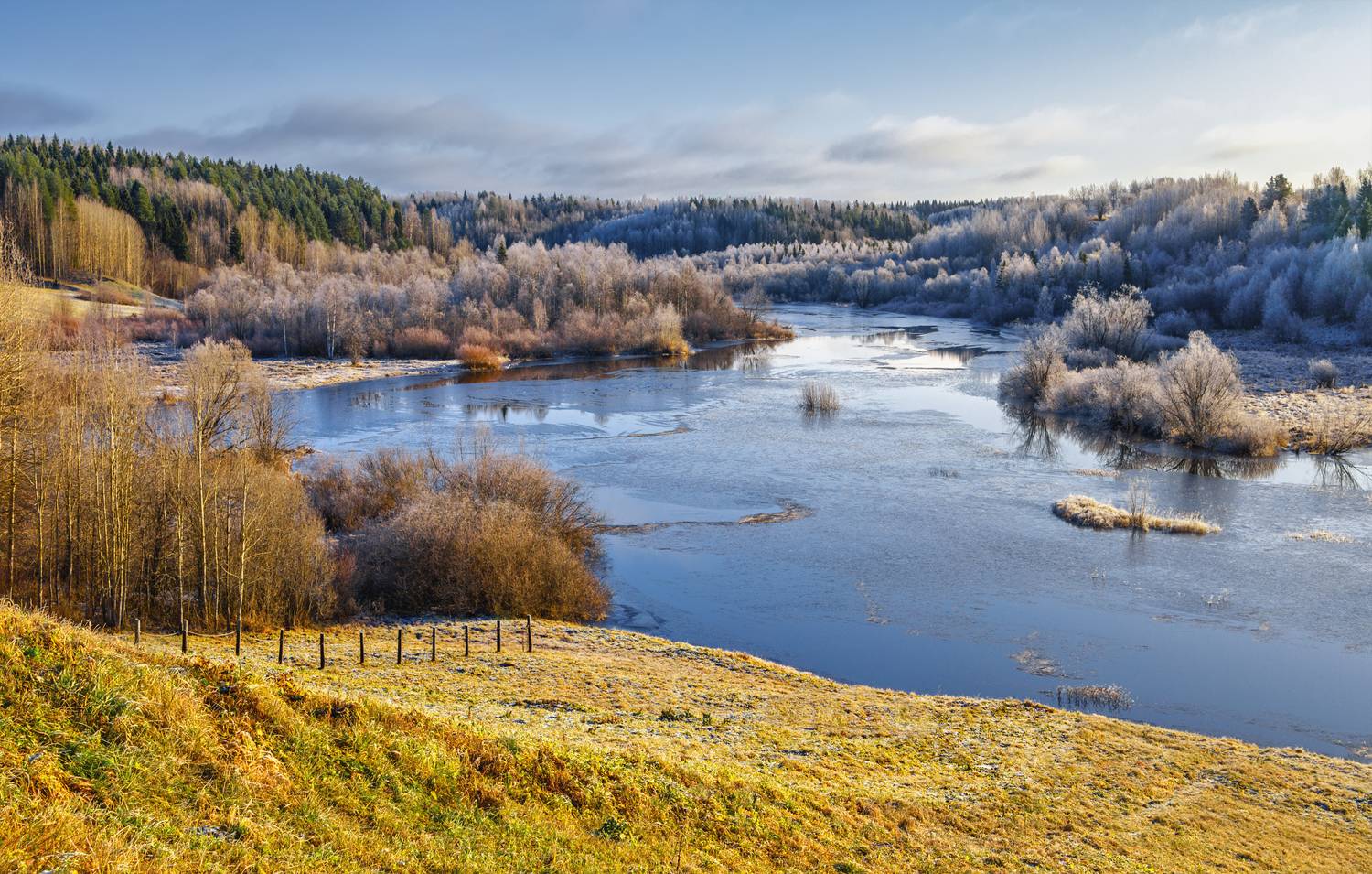 осень река берег деревья кусты трава небо заморозок зазимок, Вера Ра