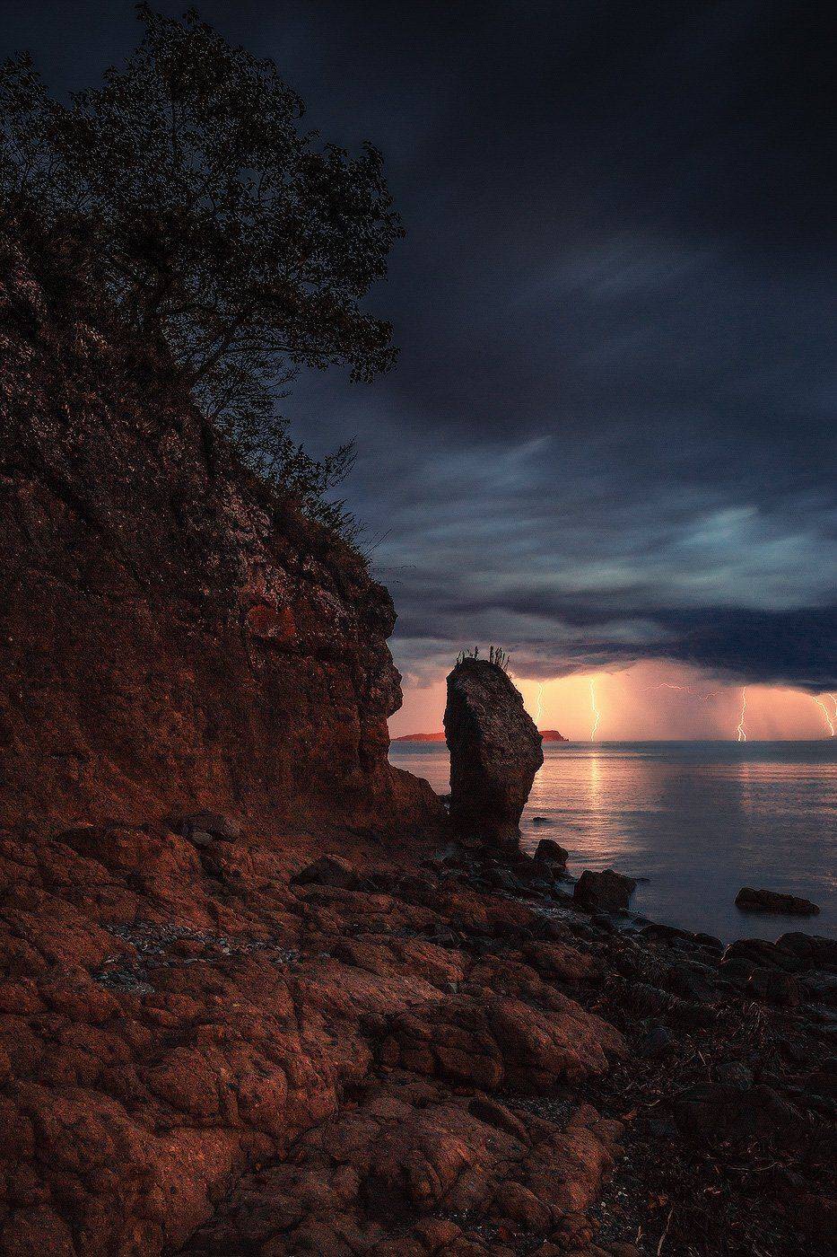 Камни, Молнии, Море, Скалы, Андрей Кровлин